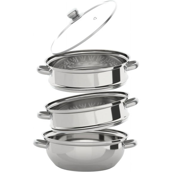 12.8in 3 Tires Steamer Pot, Stainless Steel Cookware Steamer Stackable Steaming Cookware with Glass Lid Suitable for Gas Electric Solid Hotplates