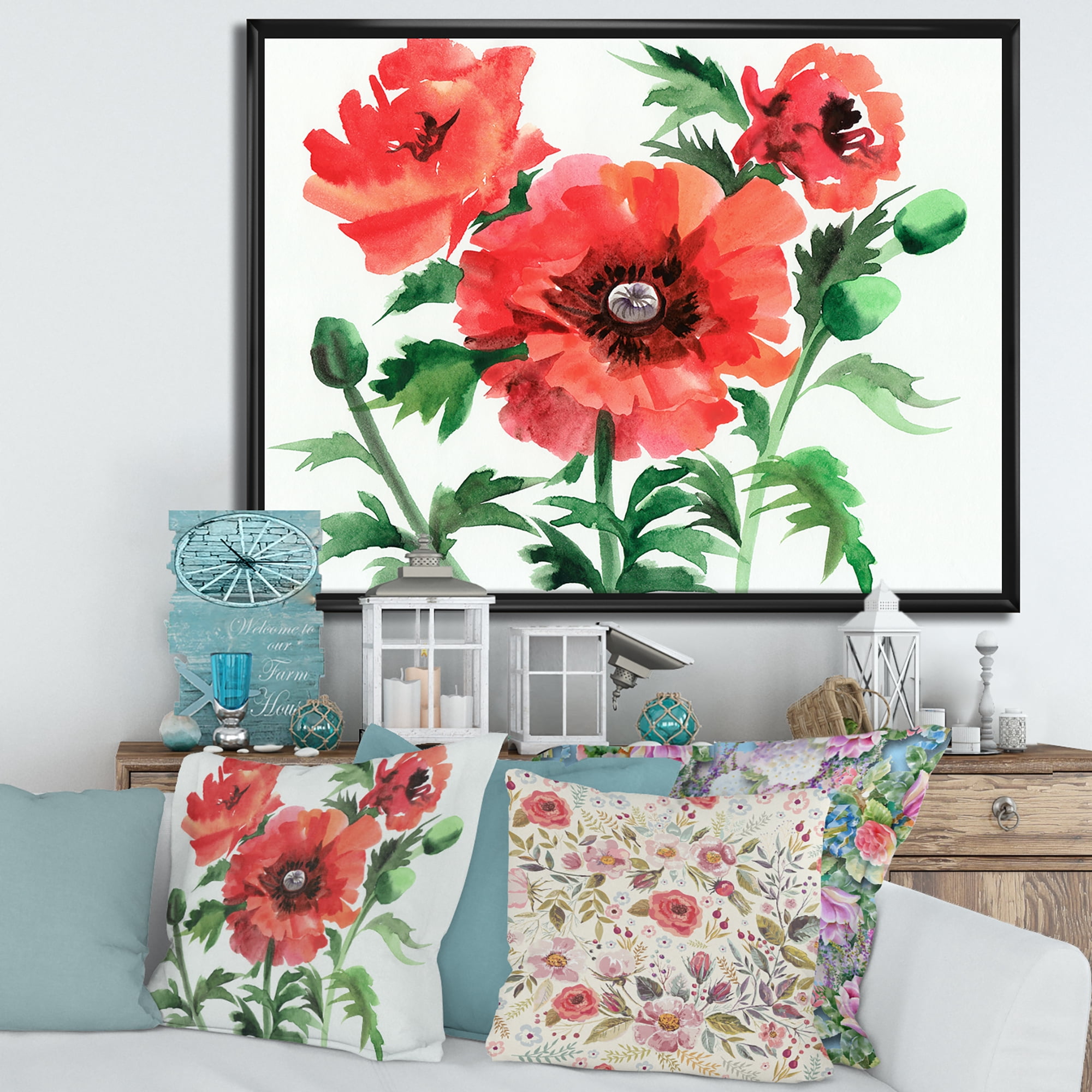 Designart 'Ancient Red Poppies II' Traditional Framed Canvas Wall Art Print