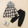 thumbnail image 2 of Xudanell Kids Baby Outfits Warm Shirt Jacket Plaid Patchwork Toddler Long Sleeve Hooded Fall Coat and Pants Boys Outing Outfit Set 3-4 Years, 2 of 8