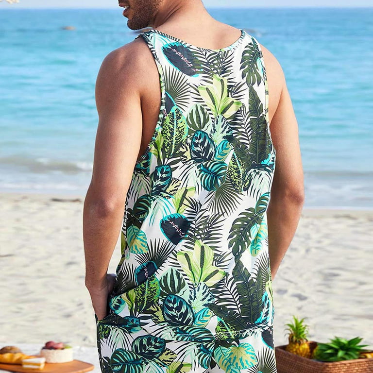 MRULIC tank tops men Men Summer Casual Tank Top Hawaiian Floral Short Suit  Beach Tropical Clothing Short Top Set Fashion Set Men Tank Tops Green + 3XL