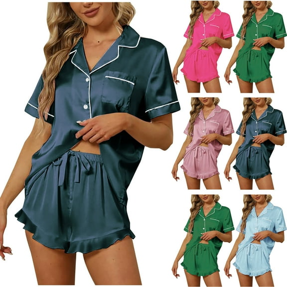 Your-Sty Silk Satin Pajama Set for Women 2 Piece Lounge Pjs Shorts Summer Sleepwear Button Down Shirt Shorts