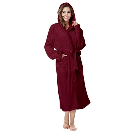 IDALL Robes for Women Nightgowns for Women Robe Hooded Robe Long Flannel Sleep Fleece Hooded Bathrobe Plush Long Robe Pajamas Women s Lingerie  Sleep & Lounge Wine XL