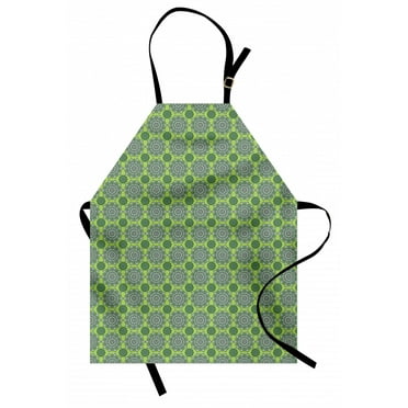 Lime Green Apron Arabesque Oriental Moroccan Mandala Middle Eastern Boho Retro Pattern, Unisex Kitchen Bib Apron with Adjustable Neck for Cooking Baking Gardening, Fern Green White, by Ambesonne