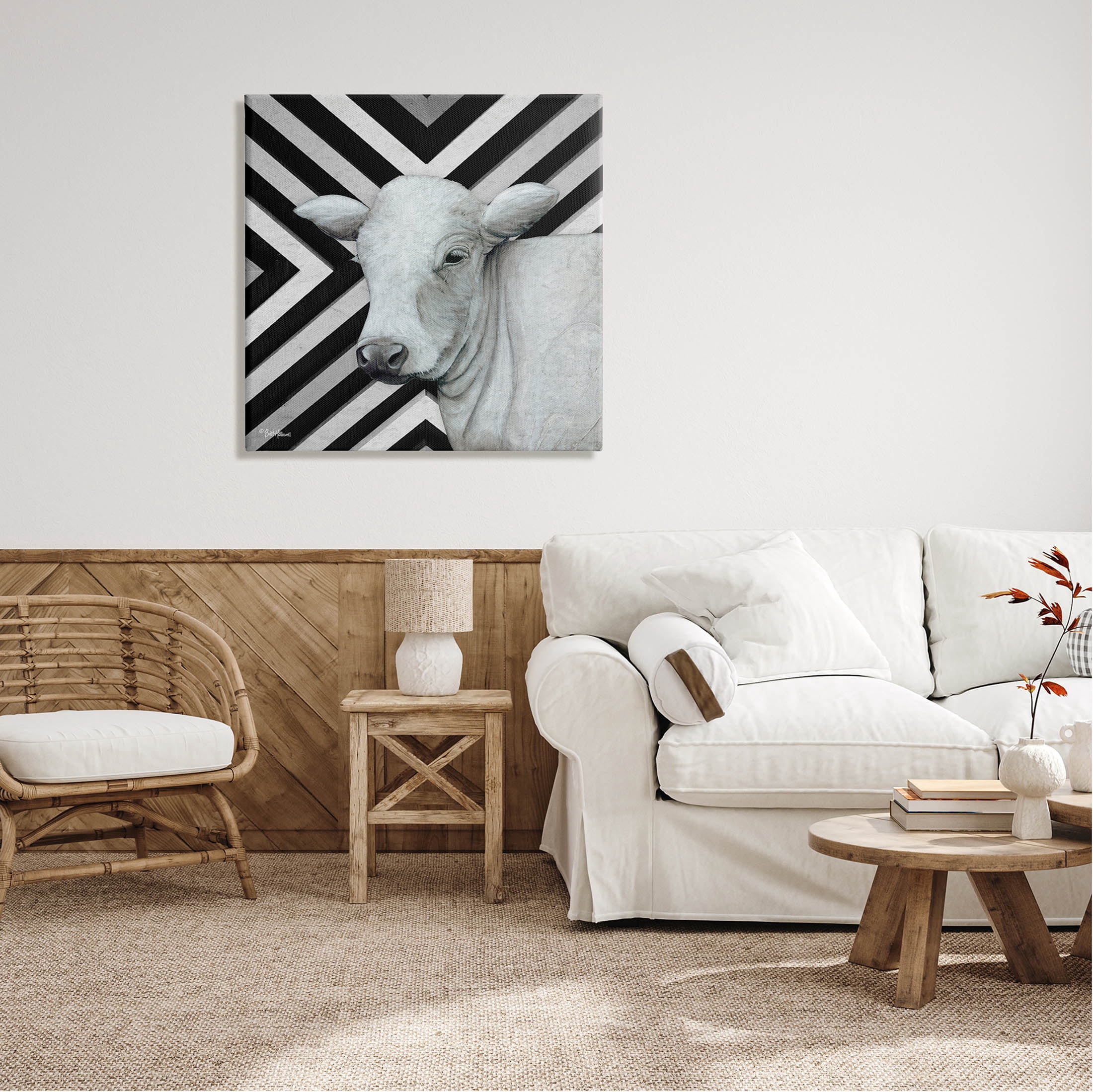 Cow Portrait Stripes Pattern Animals & Insects Graphic Art Gallery Wrapped Canvas Print Wall Art