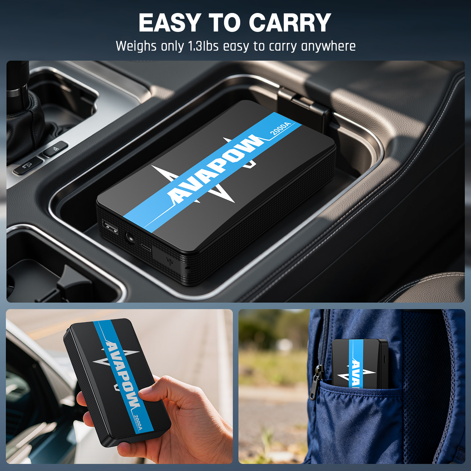 AVAPOW Car Jump Starter,2000A Peak 12V Battery Jumper Starter Portable(Up to 8.0L Gas & 6.0L Diesel Engines),12000mAh Jump Box Power Bank with Dual USB & LED Light