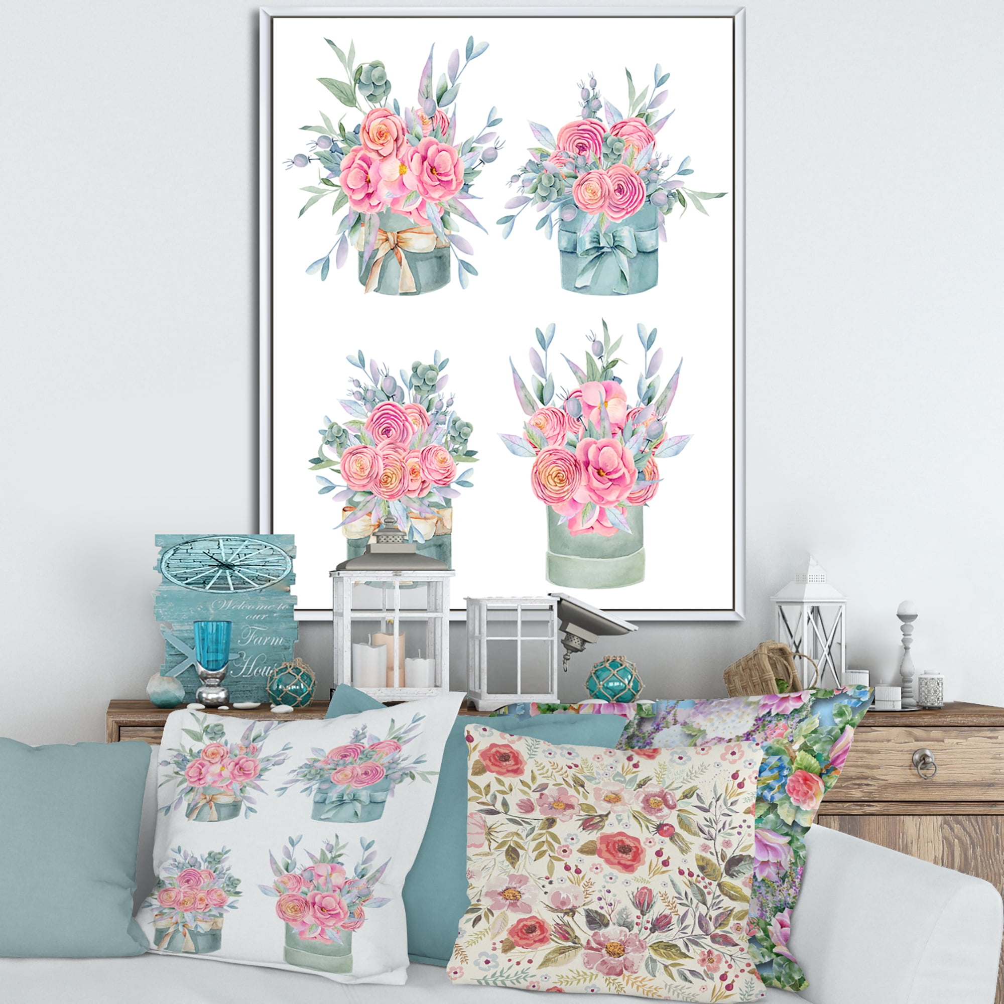 Designart 'Bouquets Collection of Pink Roses' Farmhouse Framed Canvas Wall Art Print