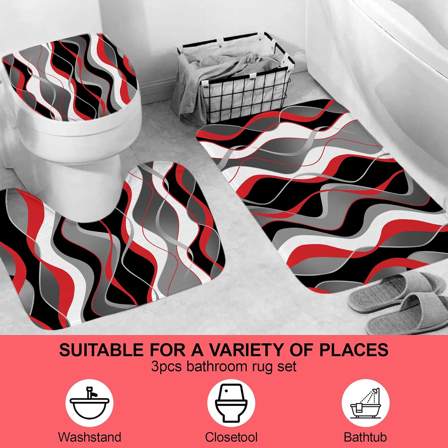 4Pcs Pink Shower Curtain Sets with Non-Slip Rugs, Toilet Lid Cover and Bath Mat, Black and Gray Bathroom Decor Set Accessories Fabric Waterproof Shower Curtains with 12 Hooks, 72 x 76 Inch