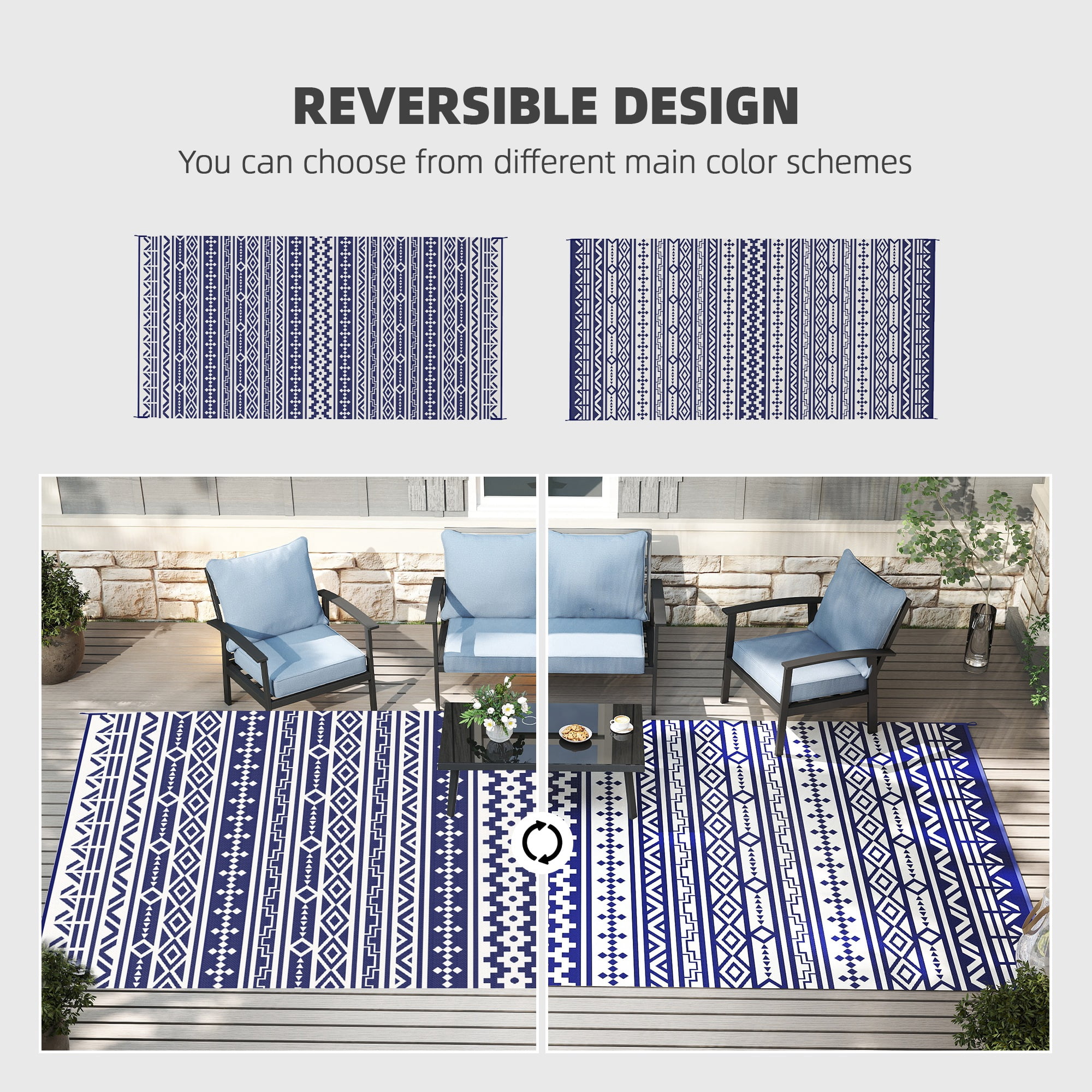 Outsunny Outdoor Patio Rug, Large Camping Carpet with Carrying Bag, 9' x 18' Waterproof Plastic Straw, Reversible, Blue & White Geometric Wall
