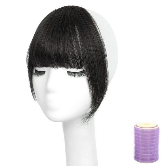 10" Black Clip In Bang - Natural Fringe with Temples Hairpieces, Instant Real Human Hair Clip-On Bangs for Women, Fake Front Bangs Extensions - Seamless and Natural Look, Includes Curl Roller