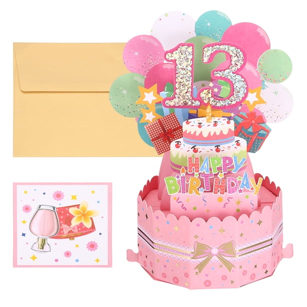 Tarjeta de cumpleaños 13 de Uxcell, tarjeta de cumpleaños pop-out con tarjeta de felicitación y sobre para regalo de mujer o niña, rosa
