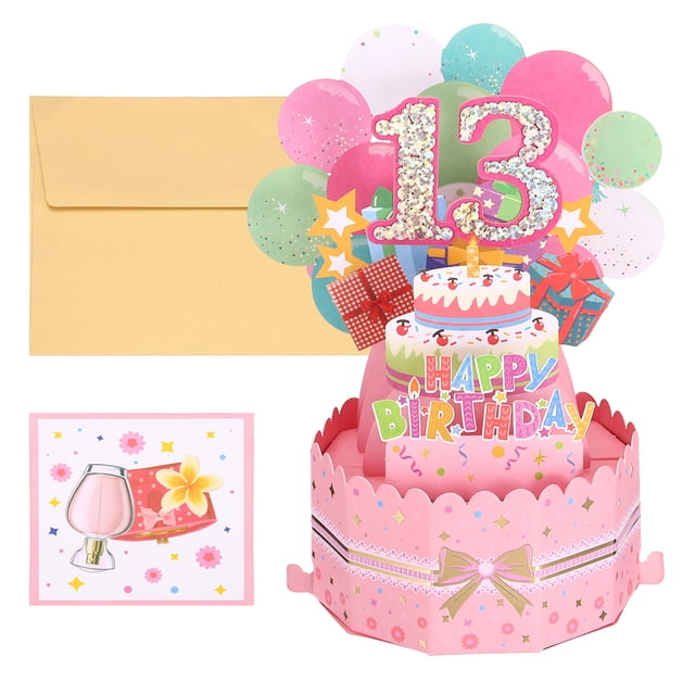 Tarjeta de Cumpleaños 13 de Uxcell Tarjeta de Cumpleaños Pop-Out con Tarjeta de Felicitación y Sobre para Regalo de Mujer Niña Rosa