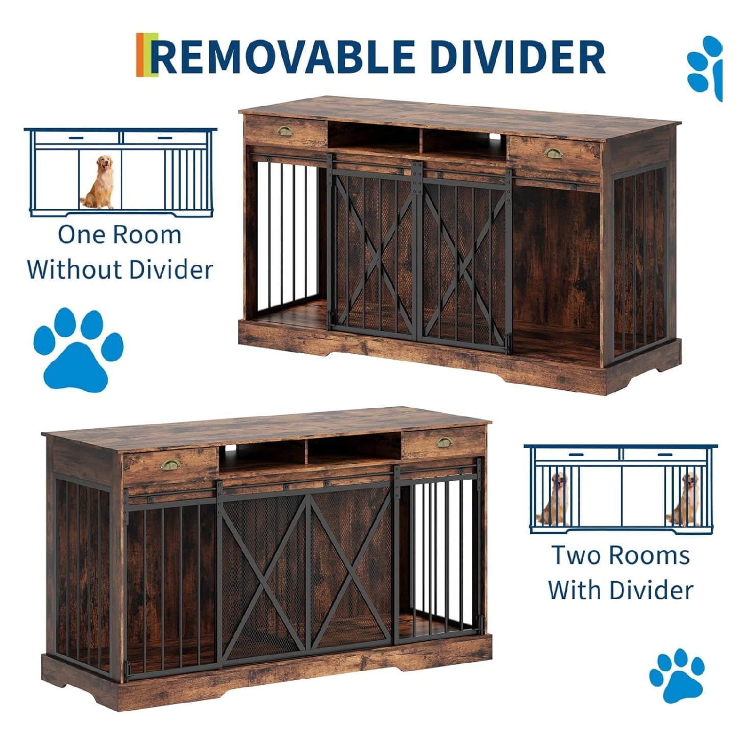 63'' Extra Large Double Dog Crate with Removable Divider, Heavy Duty Dog Kennel Furniture with 2 Drawers, Indoor Decorative Pet Cage TV Stand for 2 Pets