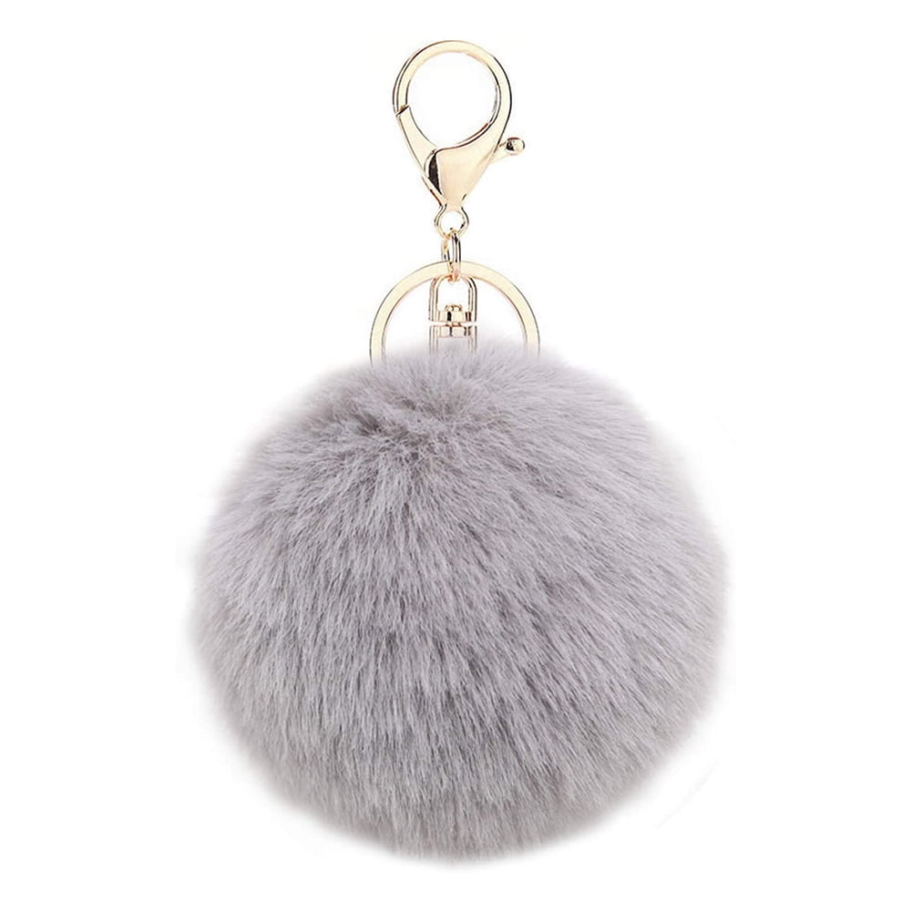 Changhong Wholesale Furry Puff Ball Faux Rabbit Pink Fur Ball Pom Pom Keychain for Women and Girls,10 Pieces