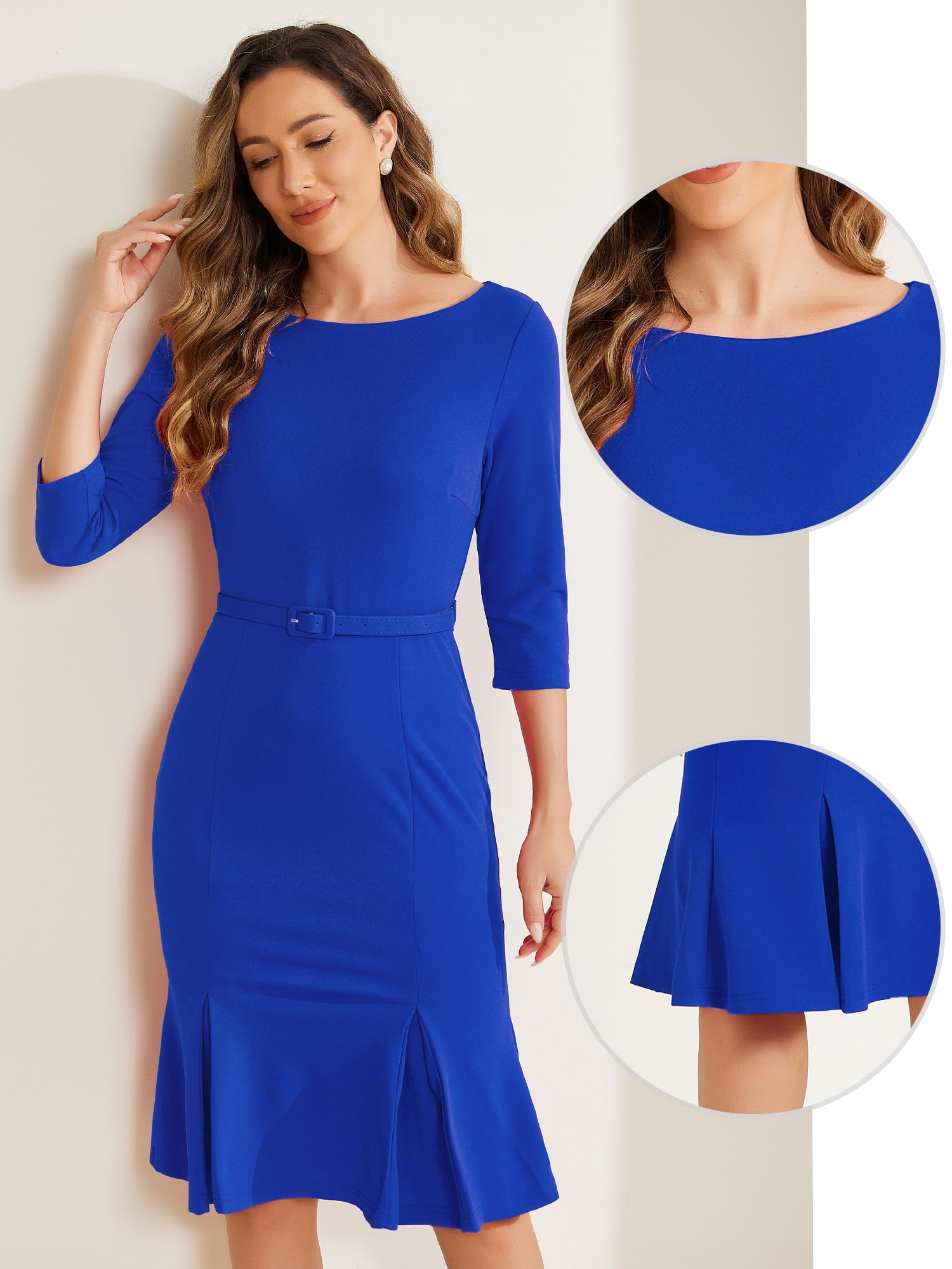 DARING DIVA Boat Neck Half Sleeve Pleated Business Elegant Dresses XS Royal blue