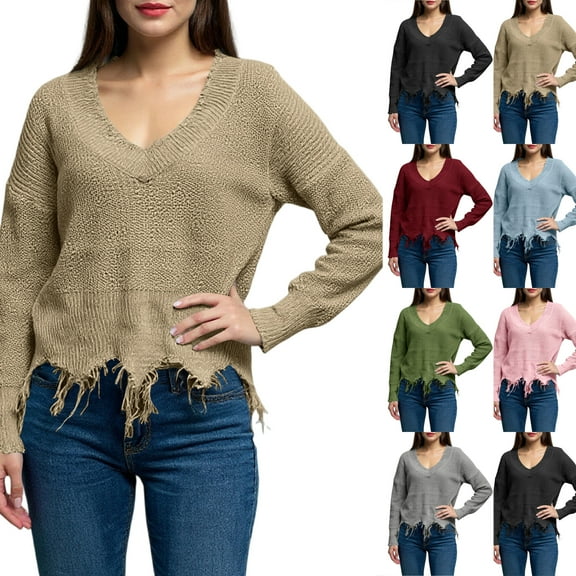 Women's Frayed Hem Crop Sweater V-Neck Long Sleeve Casual Pullover (Black, L)