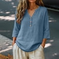 thumbnail image 2 of MVRLSH Womens Tops Shirts Blouse Casual 3/4 Sleeve V Neck Button Solid Plus Size Breathable Summer Top Loose Fit Linen Blouses Blue - XXXXL, 2 of 7