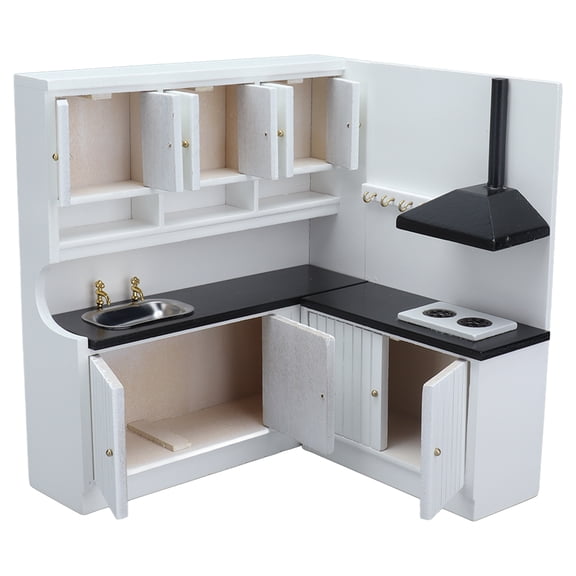 BIMZUC 1:12 Scale Miniature Dollhouse Kitchen Furniture Set Vintage Wooden Cabinets Black White 2 Pieces