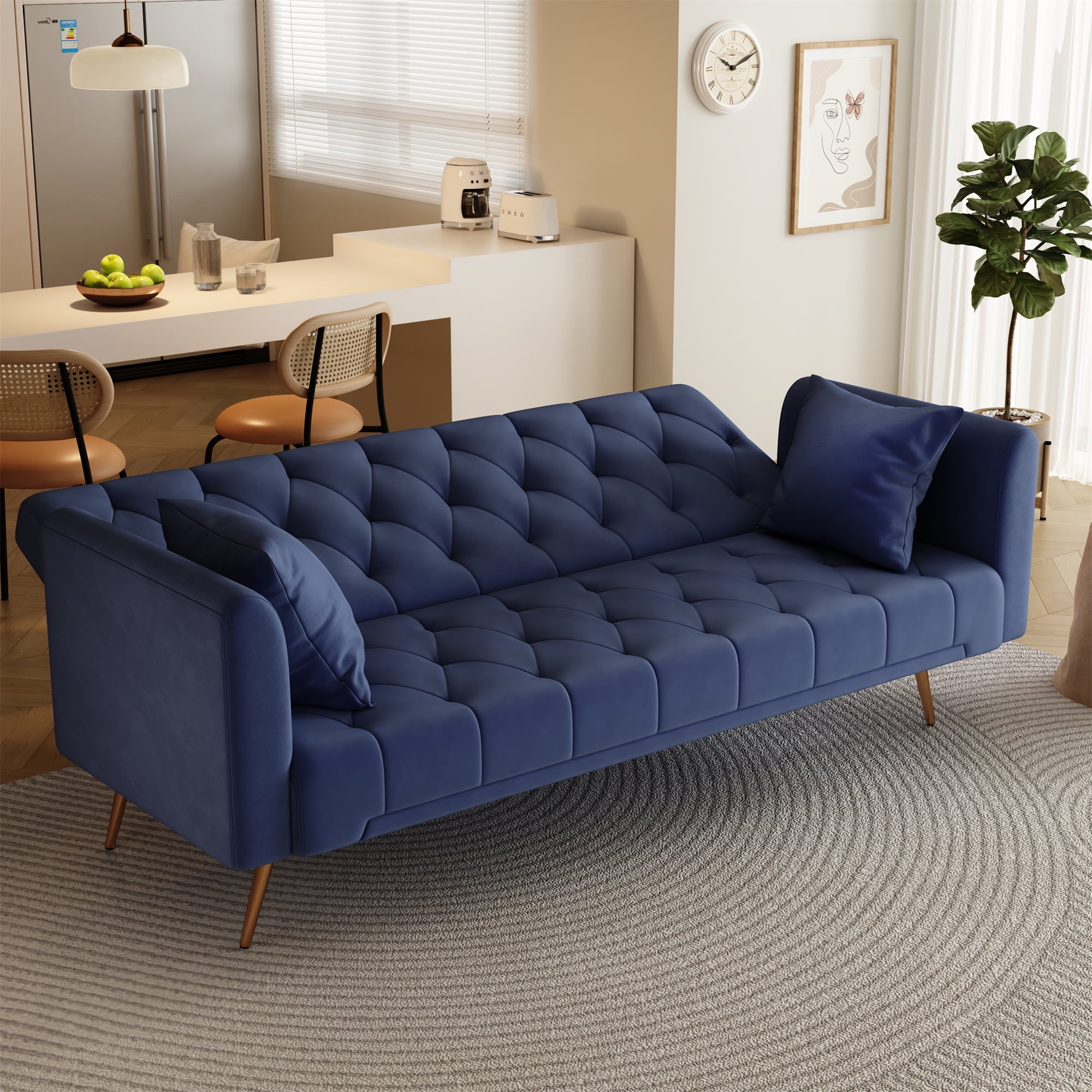 Aukfa Velvet Futon Convertible Sofa Bed, Upholstered Arm Couch for Home Office, 2 Pillows, Blue