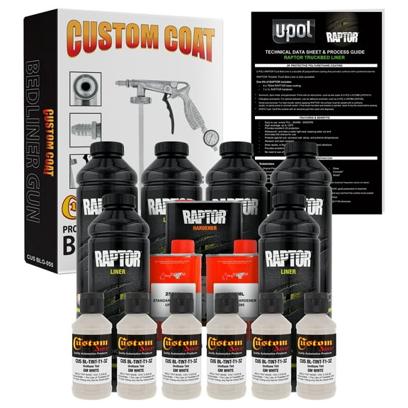 U-POL Raptor GM White Urethane Spray-On Truck Bed Liner Kit w/ FREE Custom Coat Spray Gun with Regulator, 6 Liters