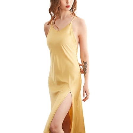 

Niuer Women Nightwear Sleeveless Lingerie Cross Back Short Dress Chemise V Neck Ladies Imitation Silk Plain Vest Solid Color Yellow L