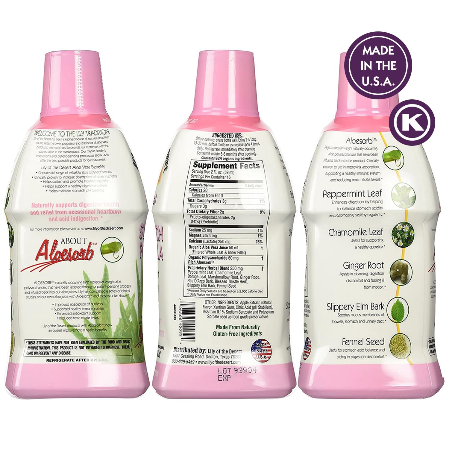 Lily Of The Desert Stomach Formula, Organic Aloe Vera Juice with Slippery Elm, Chamomile, Peppermint, and Ginger for Gut Health, Acid Reflux, Heartburn Relief, 32 Oz