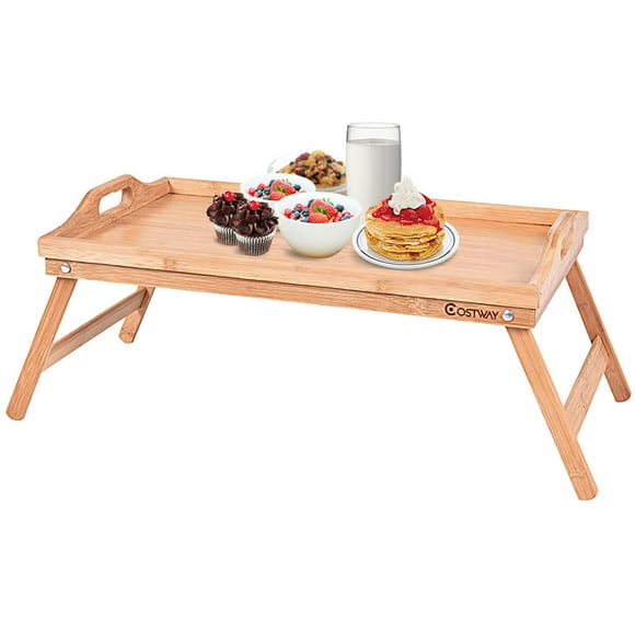 Portable Bamboo Breakfast Bed Tray Serving Laptop Table Folding Leg w/ Handle