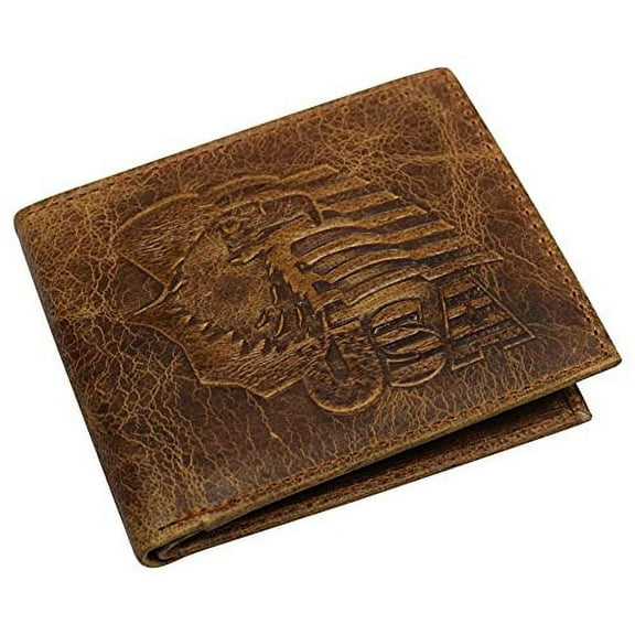 RFID Blocking Genuine Leather Men's Bifold Eagle USA Flag Wallet Gift