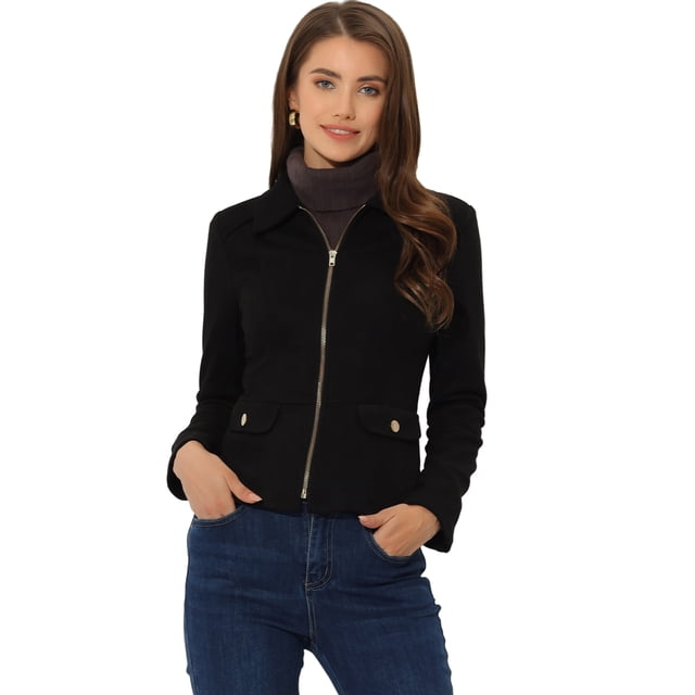 Chaqueta de gamuza sintética para mujer Abrigo corto de motociclista con cremallera Negro M