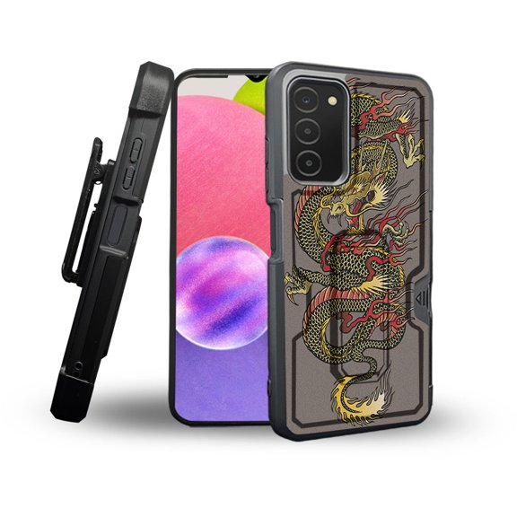 ANJ  Rugged Shockproof Holster Case Card Slot Kickstand   Tempered Glass Cover for Samsung Galaxy A03s - Dragon Tan