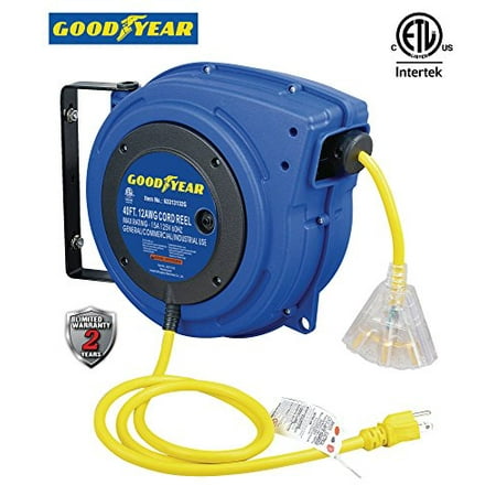 Goodyear Extension Cord Reel Heavy Duty, 40 ft., 12AWG/3C SJTOW, Triple Tap with LED Lighted (Best Voltage Stabilizer For 40 Inch Led Tv)