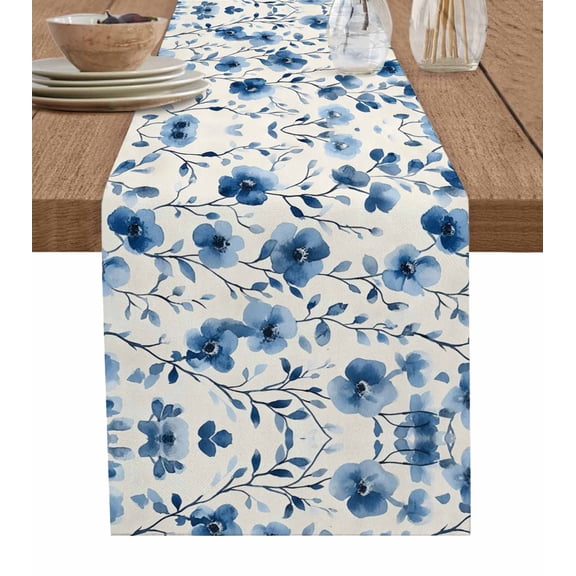 ERUNPONLY Blue Flower Table Runner - 120 Inch Long Watercolor Floral Botanicals Tree Branch Cotton and Linen Blended Dress Scarves Farmhouse Table Runner for Kitchen Dining, Coffee Table, 13" x 120"