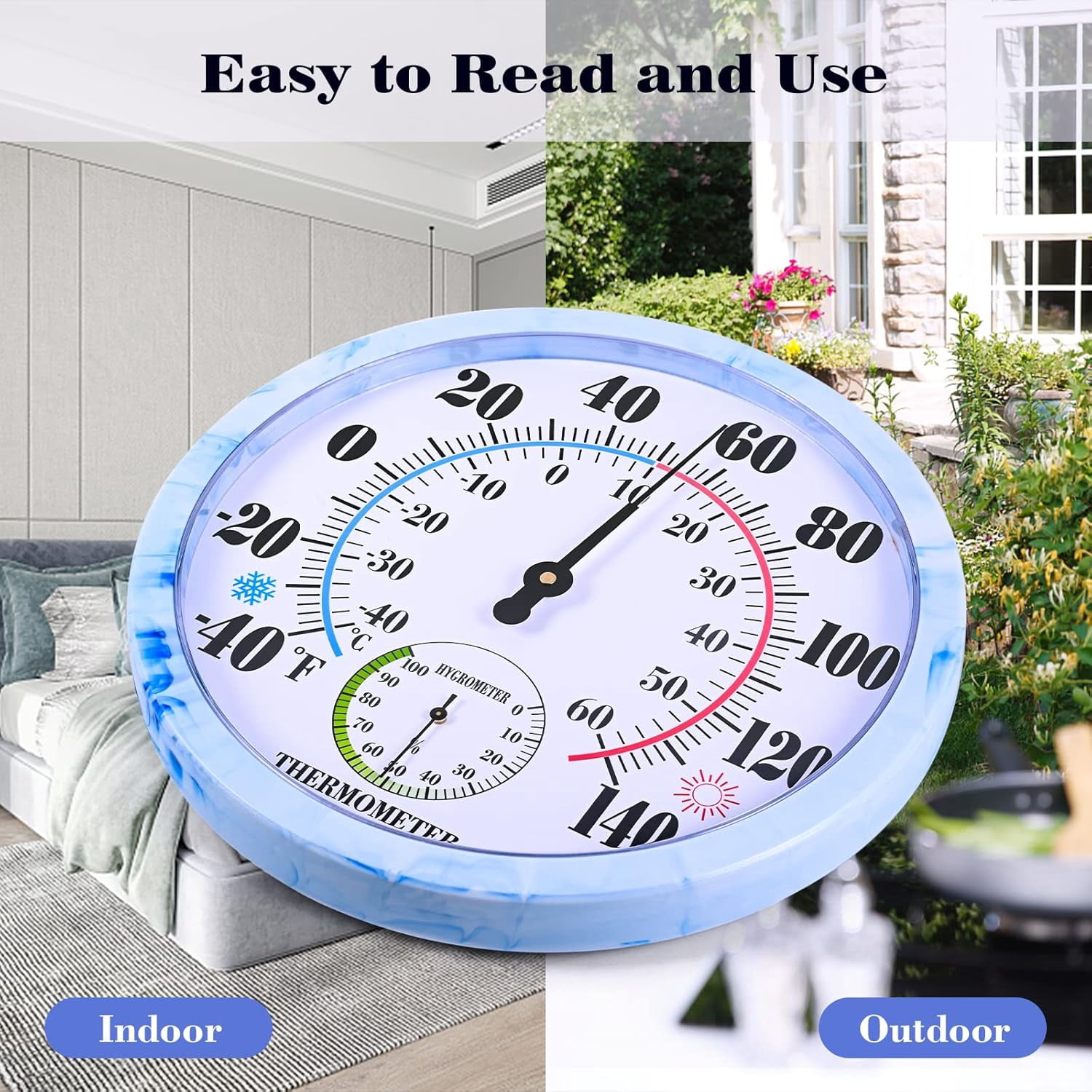 10'' Indoor Outdoor Thermometer Hygrometer, Wall Thermometer Hygrometer Analog, Battery Free Outdoor Thermometer Large Numbers, Decorative Room Thermometer Indoor$$Garden & Patio