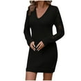 thumbnail image 5 of qolati Women Fall Dresses 2024 Casual V Neck Hollow Out Long Sleeve Mini Dress Knit Warm Bodycon Pullover Tunic Sweater Dress Black M, 5 of 9