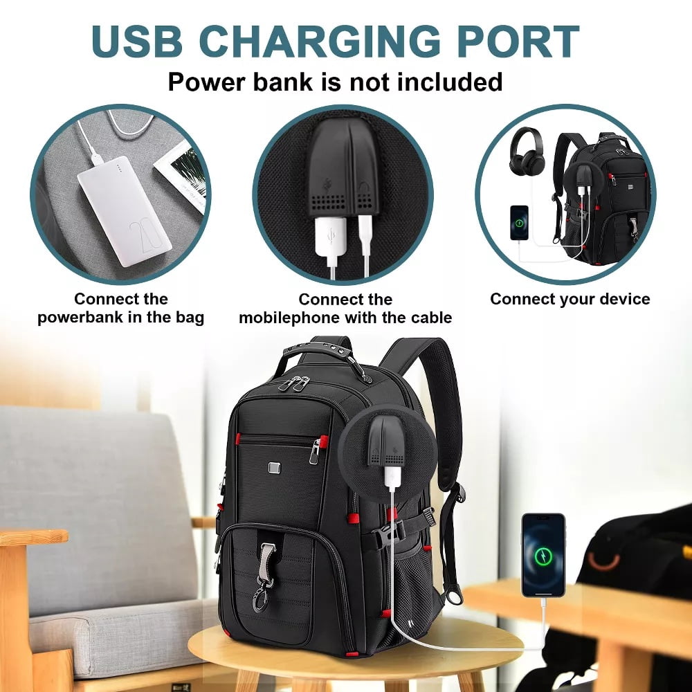 Fenbeli Extra Large 50L Travel Laptop Backpack, TSA Approved Carry On Backpack with USB Charging Port, Water Resistant College School Business Work Backpack for Men & Women, Black