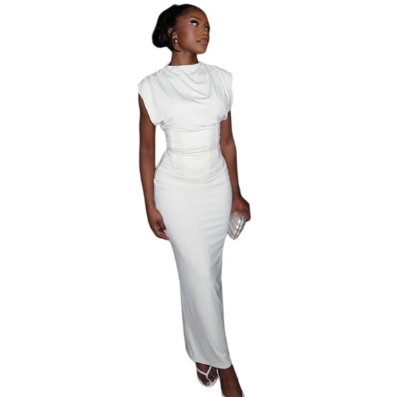Women's O-Neck Sleeveless Pleated Lace-Up Waistband Split Hips Wrapped Long Dress, Solid Color