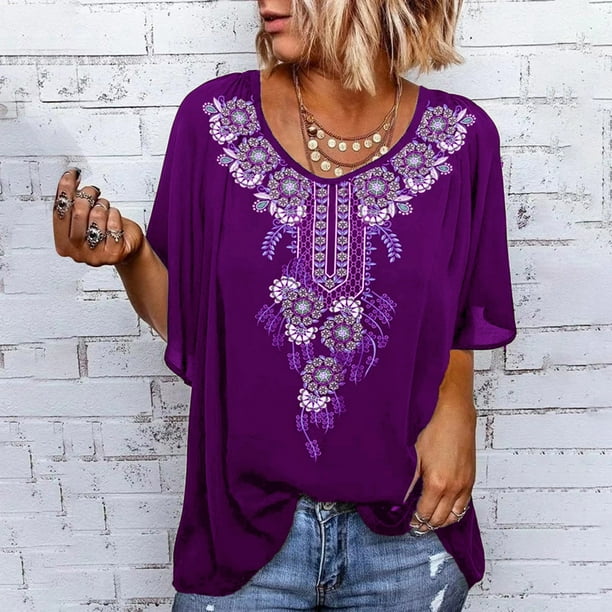 Women s Summer Loose Flowy Half Sleeve Tops Vintage Printing V