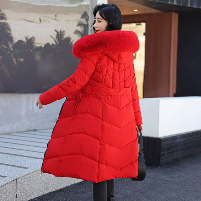 Red padded faux fur hooded coat outlet