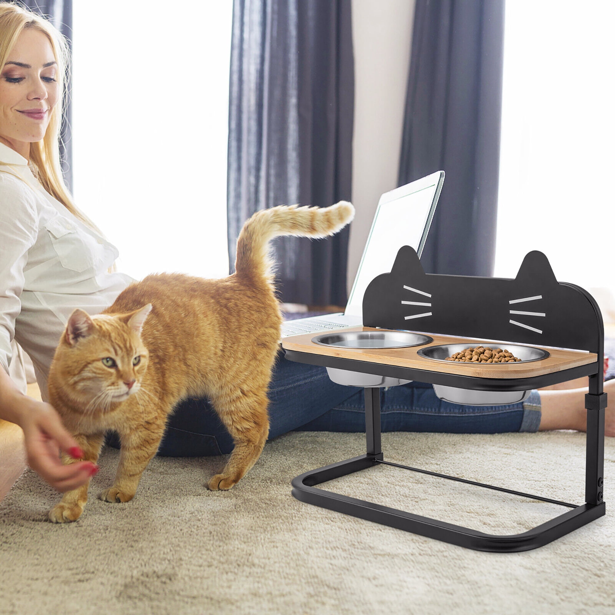 Gymax Elevated Pet Feeder w/ 2 Stainless Steel Cat Food & Water Bowls