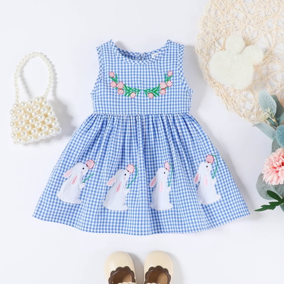 Easter Sleeveless Sundress Smocked Dress Summer Casual Short Sleeve Dresses Easter Egg Smocked Dress for Girl Daughter Casual Puff Sleeve Floral Dress Girls Summer Outfits (Blue,18-24 Months)