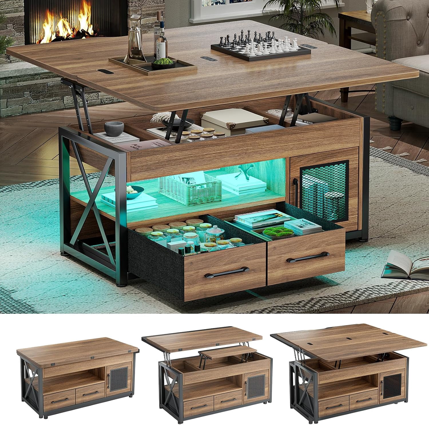 40" Lift Top Coffee Table, 4 in 1 Multifunctional Coffee Tables with Storage Cabinet for Living Room, Small Farmhouse Center Table with 2 Fabric Drawers & LED Light for Dining Room, Oak Brown