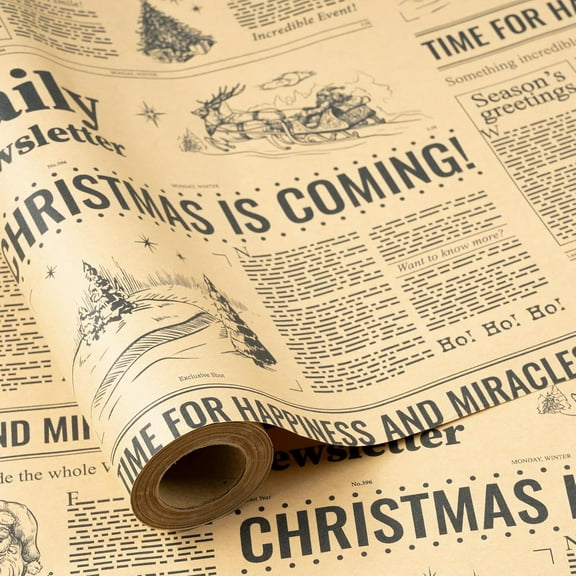 Vintage Newspaper Christmas Wrapping Paper Roll, Mini Roll, CHRISTMAS IS COMING Headline with Christmas Tree and Festive Design, Fun Kraft Gift Wrap for Holiday Party, 17 Inches x 16.4 Feet