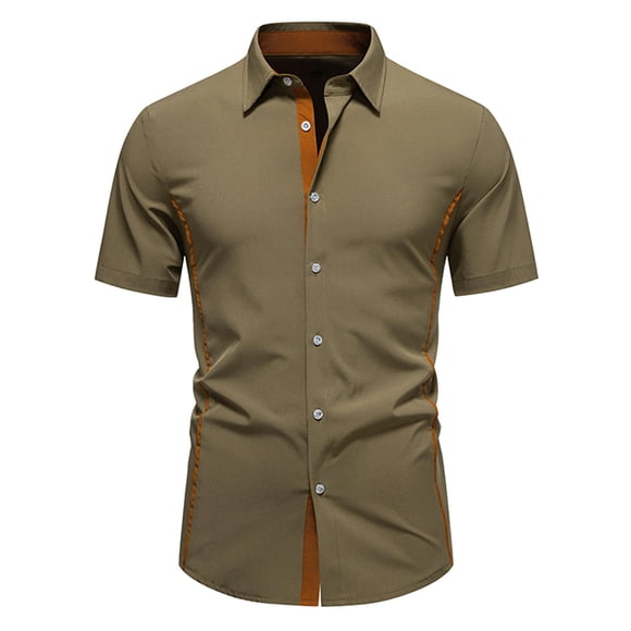 Brnmxoke Short Sleeve Button Shirts for Men,Summer Casual Collared T-Shirt Color Block Lightweight Work Tops Army Green,L