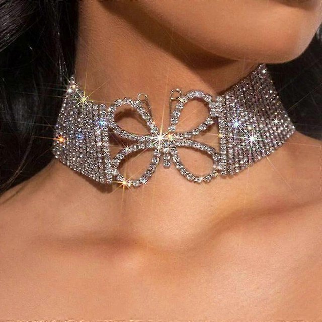 Wid Rhinestone Necklaces Silver Butterfly Choker Necklace Full Crystal Necklace Festival Party Neck Jewelry for Women and Girls