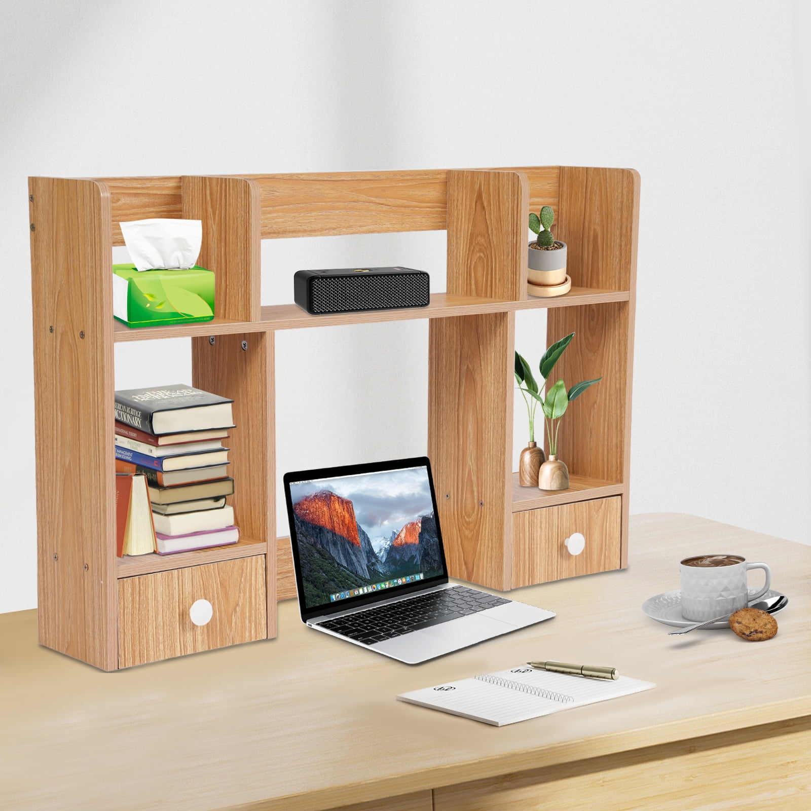 2 Drawers Desktop Storage Shelf Rack Office&Home Desk Hutch Books Display Shelf Rack Desk Shelf Desk Storage Organizer Bookshelf Wood Desk for Computer Desk - Rubber Wood Color