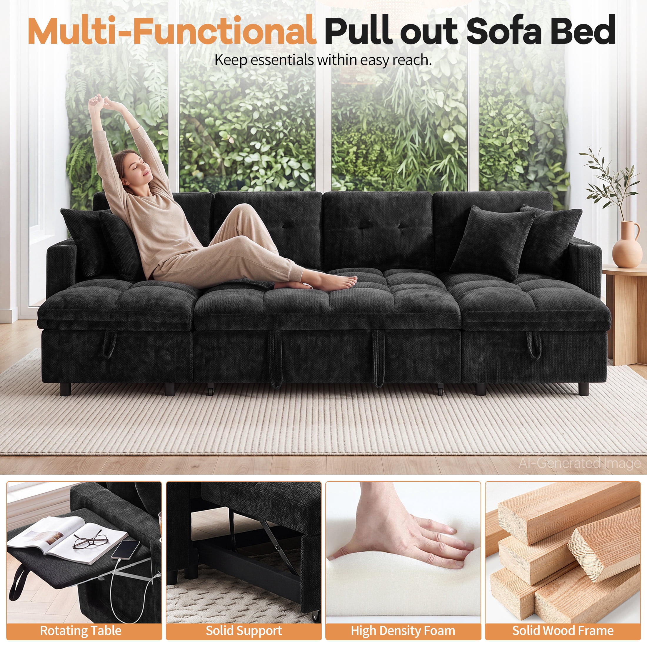 Aenkyo 108" Chenille U-Shaped Sectional Pull Out Sofa Bed with Dual Storage Chaises, Black
