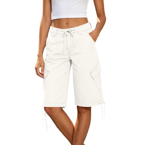 LEKWK Bermuda Jean Shorts for Women Knee Length High Waisted Casual Denim Shorts Drawstring Side Tie Long Jorts with Pockets Summer Fashion Daily Streetwear