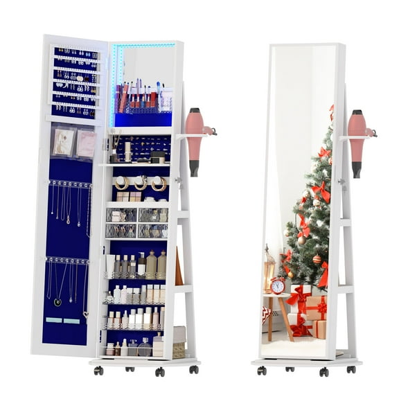 LVSOMT 360° Swivel Jewelry Armoire with Full Length Mirror - Lockable Storage Cabinet & LED Vanity, White