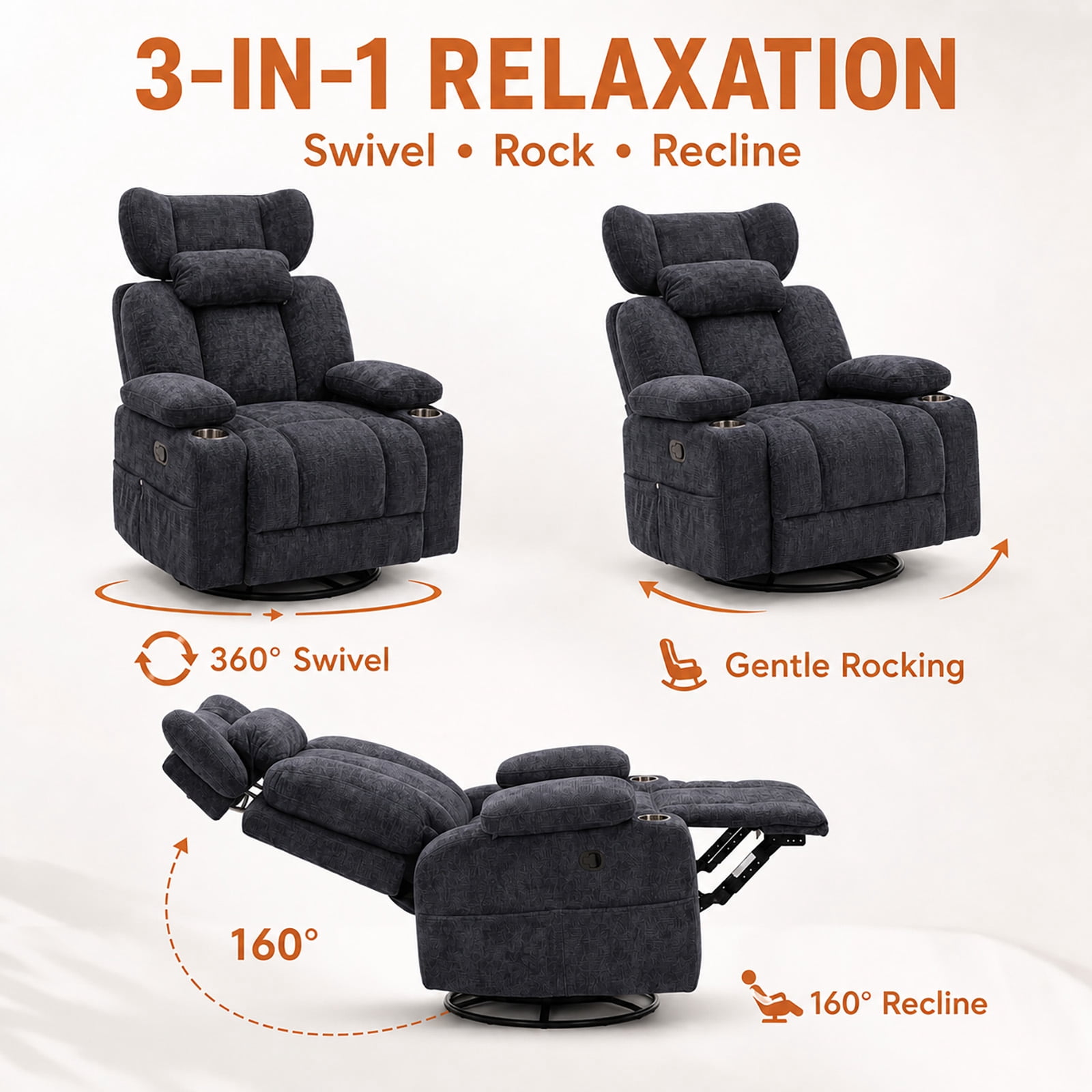 Leumius 360° Swivel Recliner Chair, Single Recliner with Adjustable Detachable Neck Pillow Ergonomic and Cup Holders, 300lbs Capacity Versatile Lounge Chair for Living Room Bedroom Home Theater