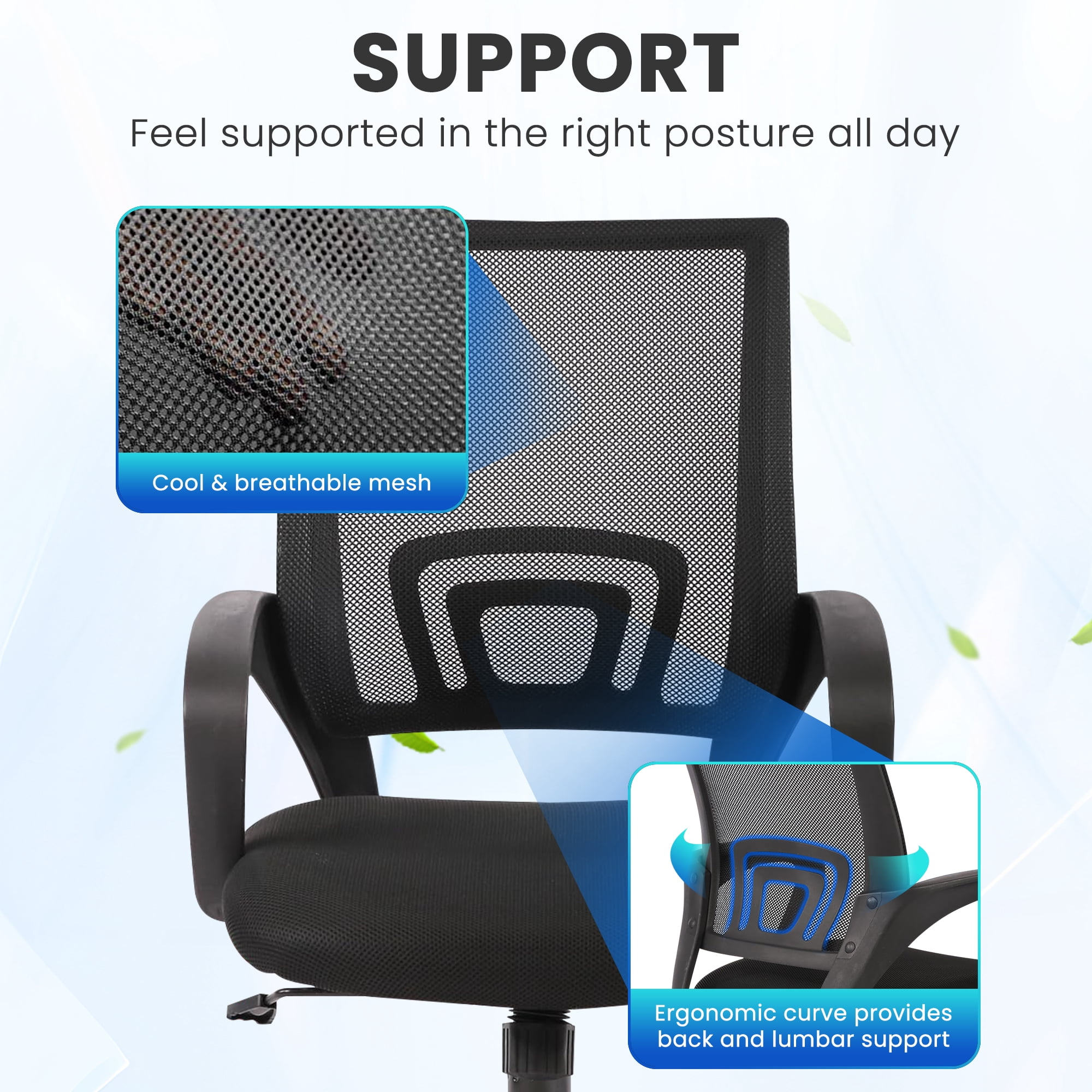 JONPONY Ergonomic Office Chair，Swivel Desk Chair with Lumbar Support, Adjustable Height with Armrests for Adults,Black