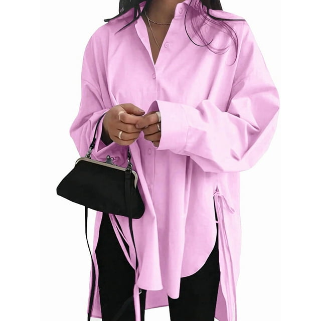 Women'S Oversized Button Down Shirts Split High Low Long Sleeve Blouses Pink XXL